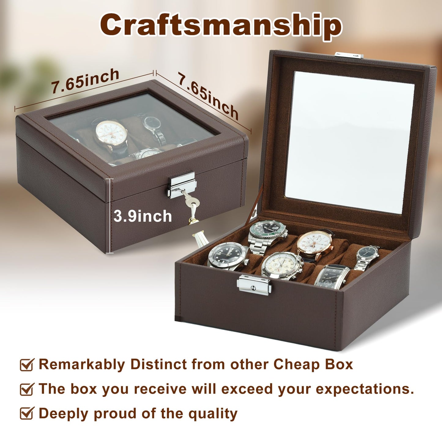 Hit design Watch Box Watch Cases for Men,6 Slot Brown Watch Case Organizer Storage Box,Leather Display Holder for Watches,Mens Watch Box for Collection,Anniversary Birthday Gift for Men Women