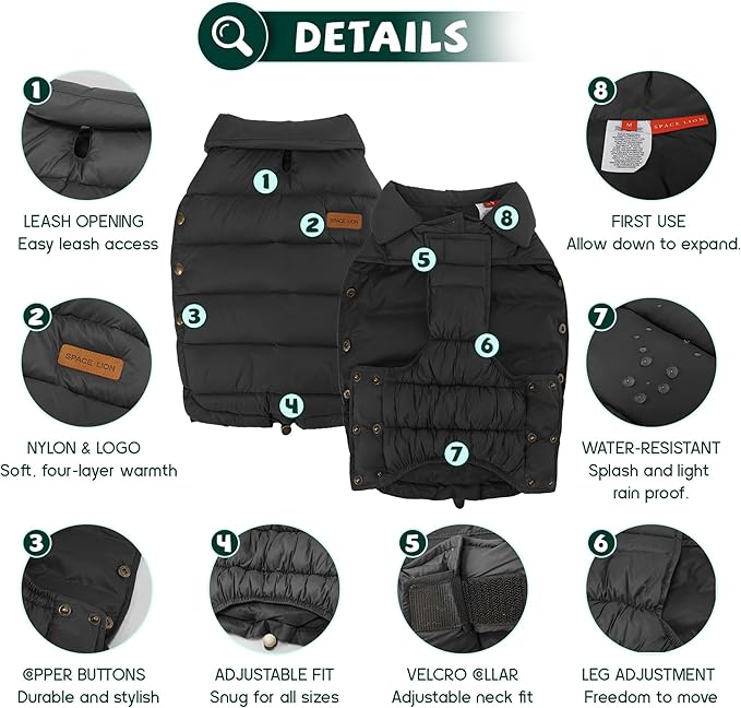 SPACE LION Dog Puffer Jacket, Down Winter Coat, Durable Outdoor Coat for Cold and Windy Conditions, Lightweight & Adjustable Fit Coats for Large Dogs, (Black, Size30/5XL)