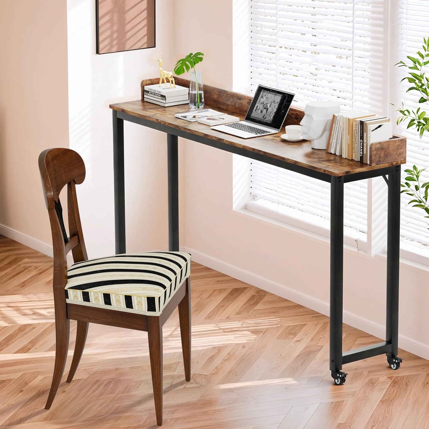 Arlopu Overbed Table with 360° Wheels, Queen Size Mobile Bed Desk with Heavy Duty Metal Leg, Sturdy Laptop Cart & Dining Table for Bedroom, Living Room, Hospital Use (Brown)