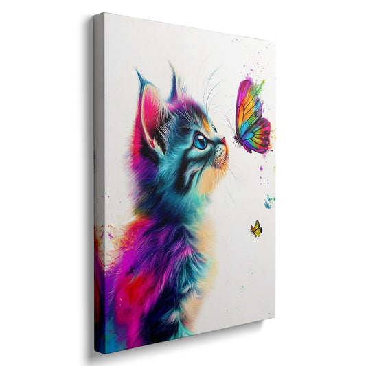 GDSRGXC Colorful Cat with Butterfly Canvas Wall Art, Modern Watercolor Style Print, White Background, Home Decor (16''x24'')