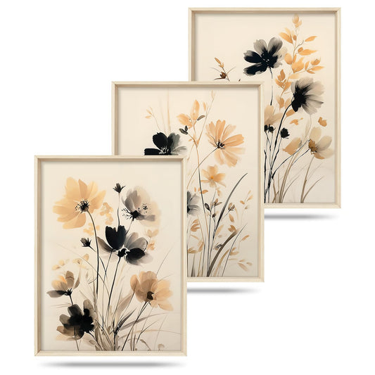HOURIA Watercolor Chinoiserie Beige Black Floral Framed Canvas Wall Art Set,Vintage Boho Flower Wall Decor,Modern Neutral Wildflower Botanical Artwork for Living Room,Bedroom,Farmhouse- 12"x16"x3
