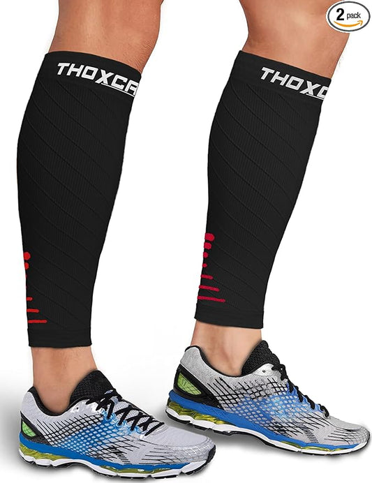 Thoxcare Calf Compression Sleeve for Men Women (2 Pairs), Leg Support Footless Compression Socks for Running - Shin Splint Varicose Veins Swelling & Pain Relief, Black/Red, Medium