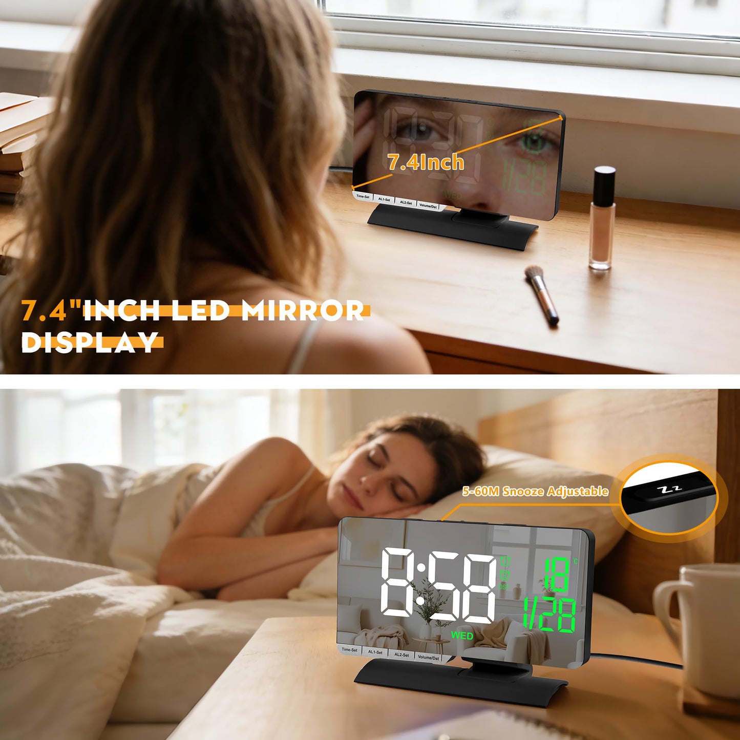 SZELAM Digital Clock,Alarm Clock Bedside,7.3'' Large LED Mirror with Date Display,Temperature,Dual Alarm with 3 Mode,Brightnee Adjust,DST,USB C Charging Port,5 Levels Volume for Desk Bedroom Teens