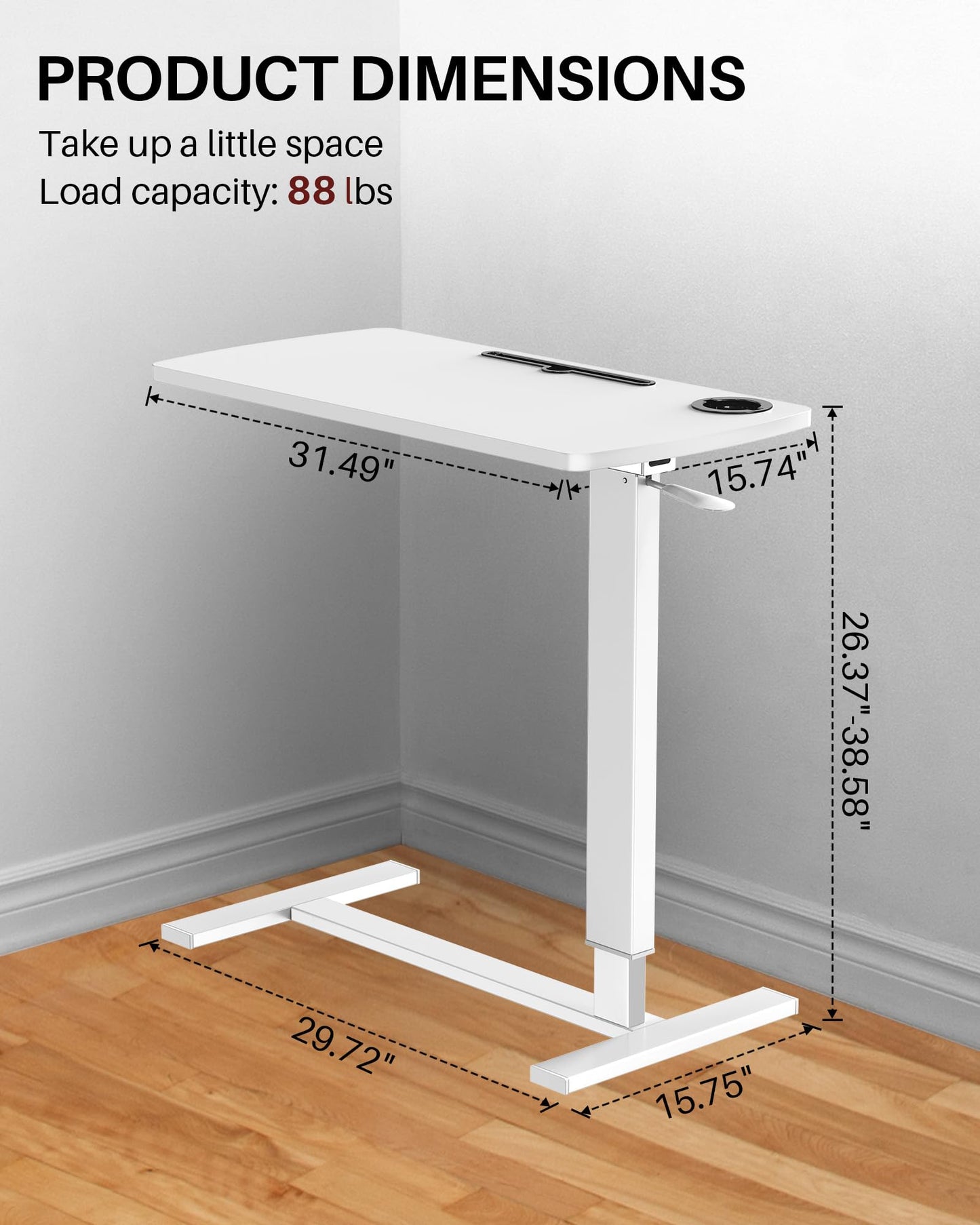 Hovadova Foldable Overbed Table with Wheels, Pneumatic Adjustable Overbed Bedside Table, Mobile Standing Desk, Hospital Bed Tables Over The Bed, Rolling Laptop Desk with Casters for Home Office