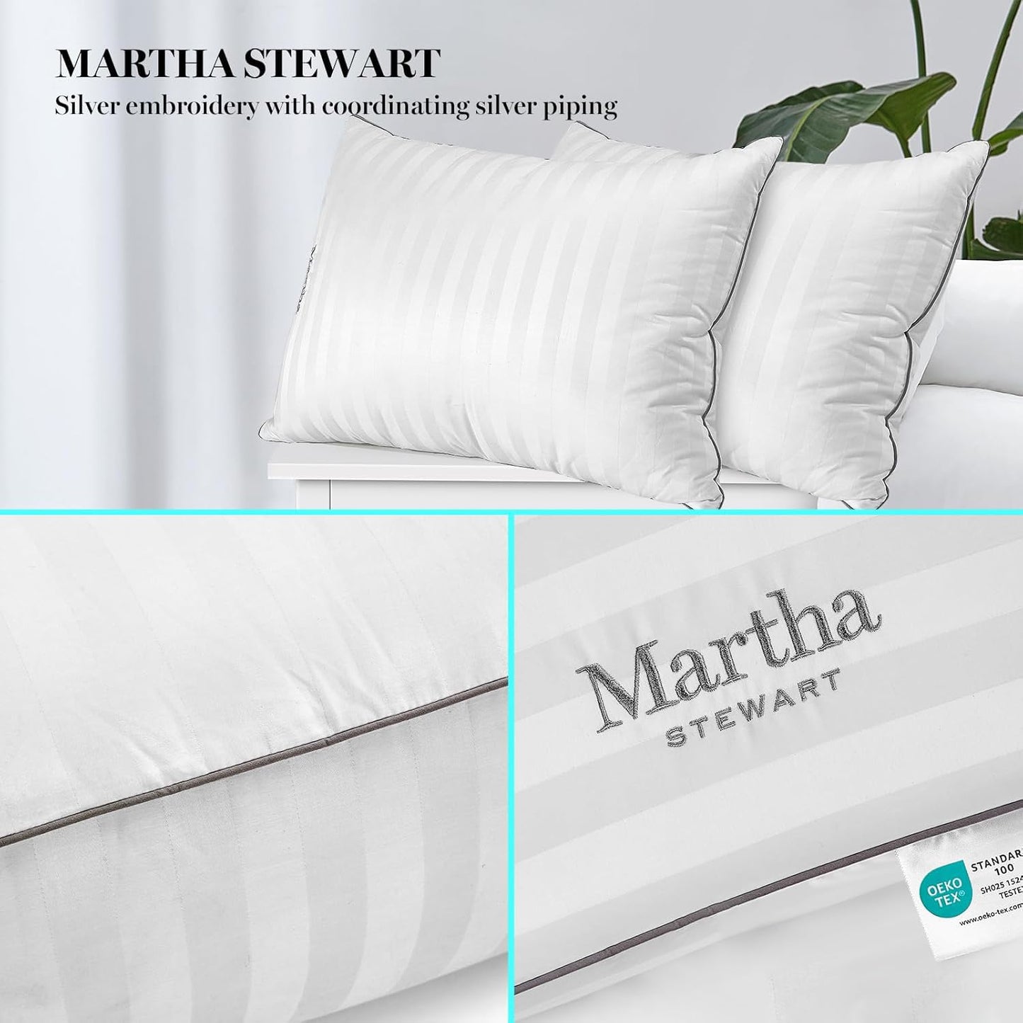 Martha Stewart Hotel Collection Pillow 500 Thread Count Damask Stripe Embroidered Feathers Soft Hypoallergenic 100% Cotton King Size Set of 2