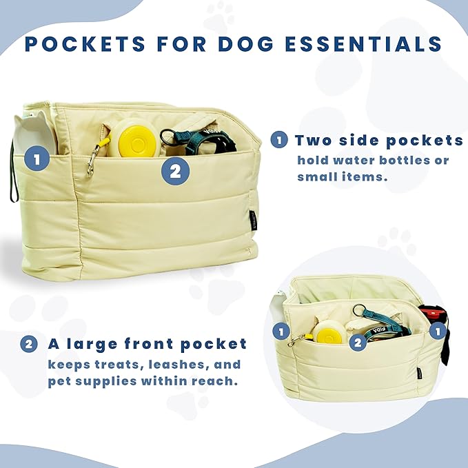 STRAODTIC Lightweight Dog Purse Carrier for Small Dogs Under 15 lbs, Puffy Quilted Pet Carrier Tote for Puppies with Safety Leash Clip, Women's Hands-Free Dog Carrier Bag for Travel/Shopping (Beige)