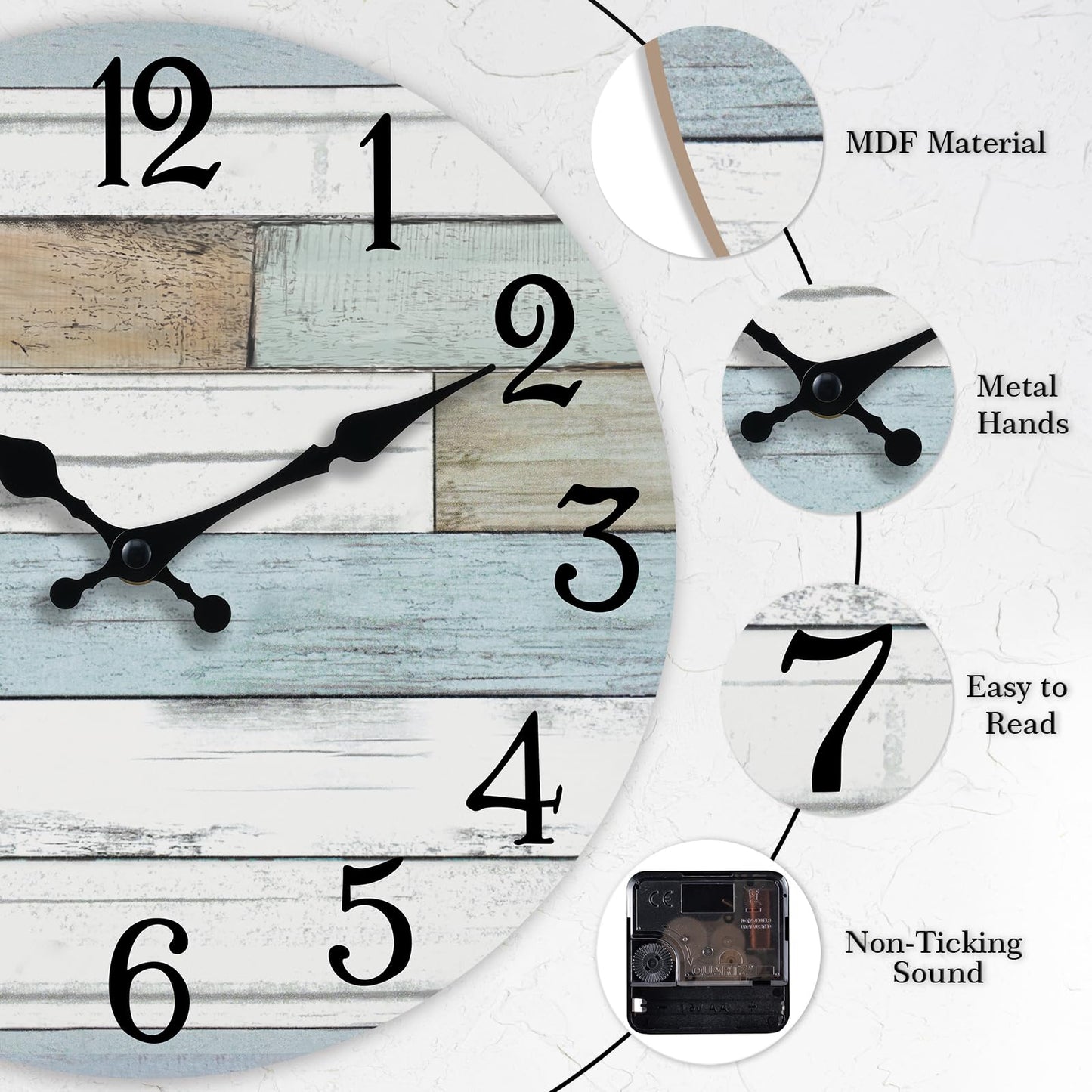 KECYET Wall Clock Battery Operated 16 Inch Large Silent Non Ticking Coastal Design Country Rustic Retro Decorative for Bathroom Kitchen Living Room Bedroom