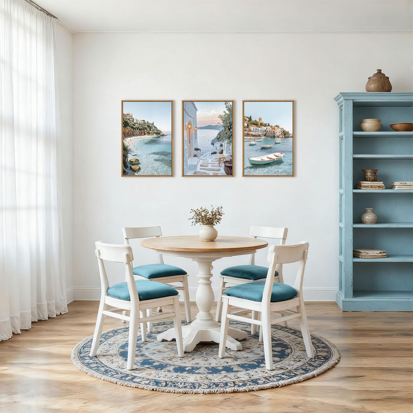 Aryroi Greek Island Coastal Framed Canvas Wall Art Set,Modern Mediterranean Whitewashed Architecture Scenery Wall Decor,Natural Blue Beach Boat Landscape Artwork for Living Room,Farmhouse- 24"x36"x3