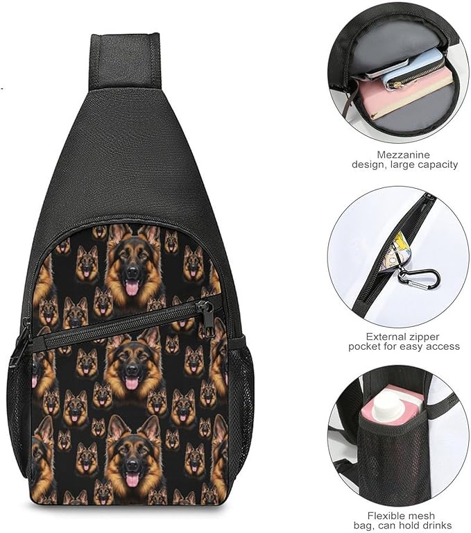 SWEET TANG Women Shoulder Chest Sling Bags Backpacks German Shepherd Black, Fashion Casual Pack Crossbody Bags Daypack Multipurpose for Travel Outdoors Running