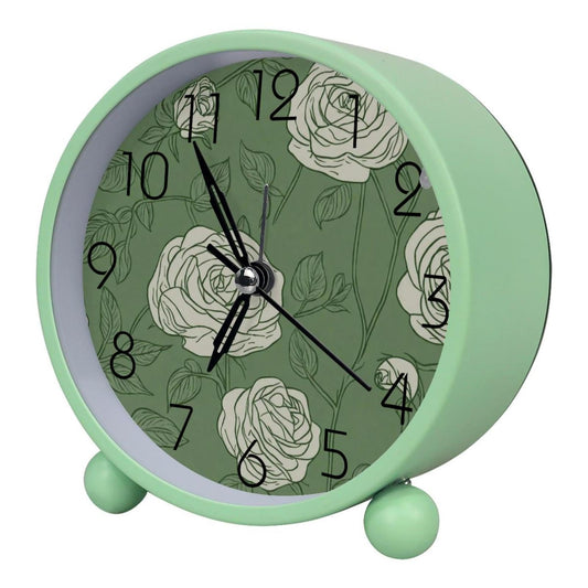 IROLSKDNFH 4.3" Analog Alarm Clock, Silent Non Ticking Table Clock with Light, Battery Operated for Living Room Bedroom Bedside Decor, Line Art Roses Sage Green Background