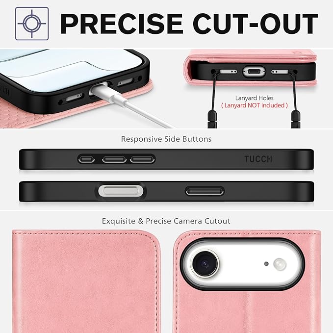 TUCCH Case Wallet for iPhone Air (6.5") 2025, RFID Blocking 3 Card Holders | Kickstand | PU Leather | Protective Flip Folio Cover | TPU Shockproof Interior Shell | Pink