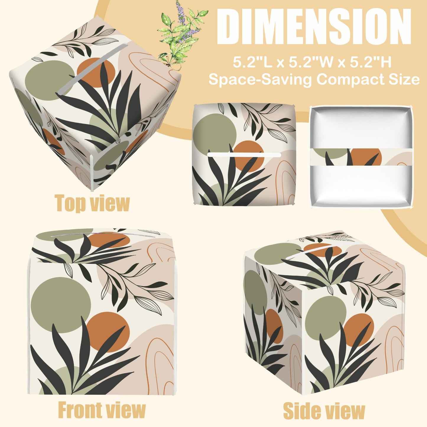 BLYKVGHQ Boho Geometric Art Square Tissue Box Cover Abstract Leaves Tissue Box Holder Facial Cube Paper Dispenser Leather Decorative Organizer Home Office Desk Decor, 5.2"x5.2"x5.2"