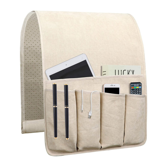 NB Sofa Armrest Organize Remote Holder Bedside Caddy Organizer with 5 Pockets，Non-Slip Couch Remote Control Holder Couch Armchair Caddy Accessories (Beige, 35"X12.4")