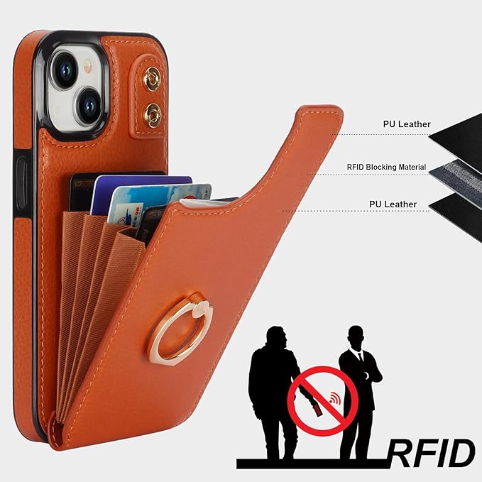 Folosu Compatible with iPhone 15 Case Wallet with Card Holder, 360°Rotation Finger Ring Holder Kickstand, RFID Blocking Leather Protective Double Buttons Shockproof Cover 6.1 Inch Brown