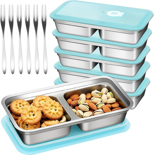 vovoyager Stainless Steel Snack Containers with Lids, Reusable Bento Lunch Container Box, Food Storage, Leak Proof, Dishwasher-Safe, Grab and Go for Work, 6 Pack (Double Compartment) -With 6 Forks
