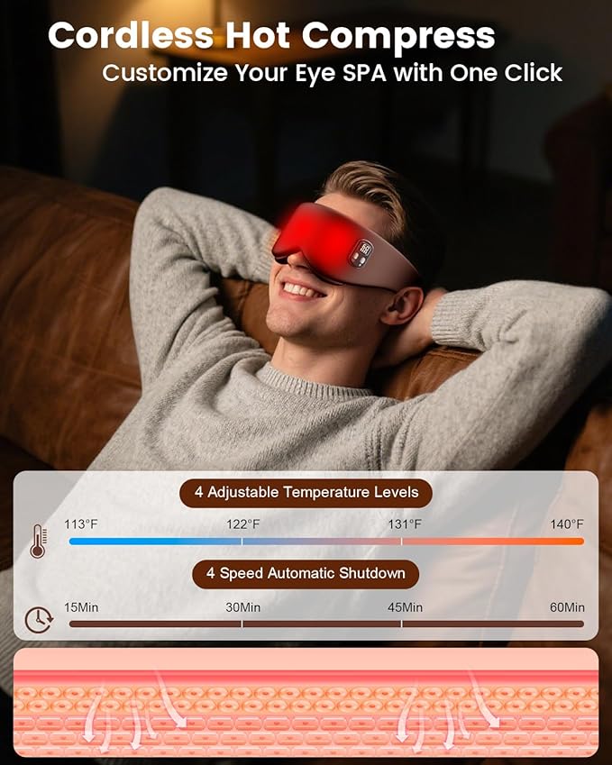 Heated Eye Mask - Cordless Eye Mask for Dry Eyes, Eye Relief, Improved Sleep, Timed Shutdown, 4 Temperature, Washable Eye Heating Pad for Travel, Removable for Cleaning - Brown