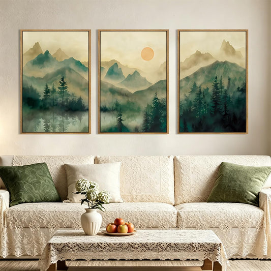 IARTTOP Large Mountain Framed Canvas Wall Art 16x24 Inch Green Foggy Forest Landscape Art Prints Set of 3 Nature woodland Landscape Wall Decor for Living Room Bedroom Office