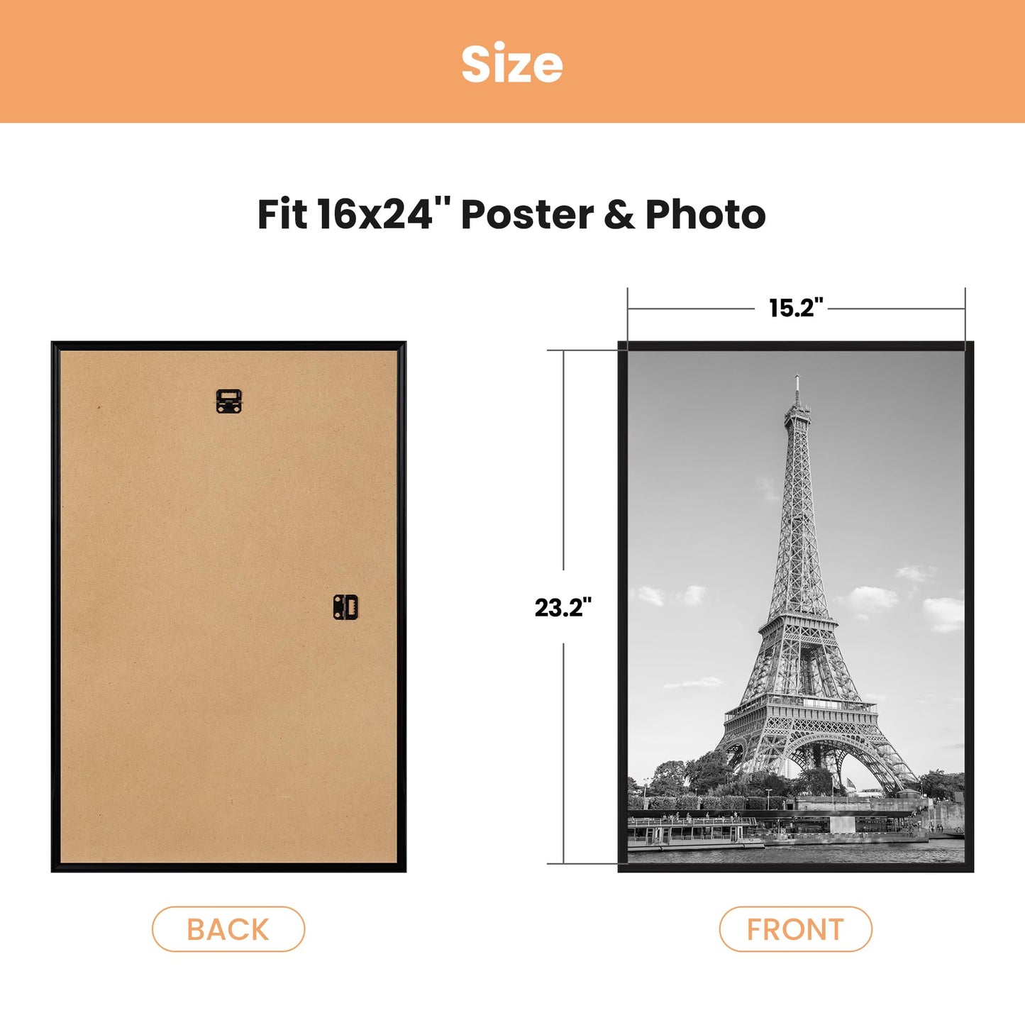 upsimples 16x24 Picture Frame Black 3 Pack, Scratch-Proof Poster Frames 16 x 24 for Photo Gallery - Slide-In Strips, Horizontal or Vertical Wall Mounting