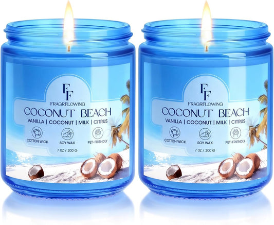 Coconut Beach Scented Candle, Natural Soy Wax Jar Candle for Home Scented, 100-Hour Burn Time Gifts for Women Men, 7 oz (2 Pack)