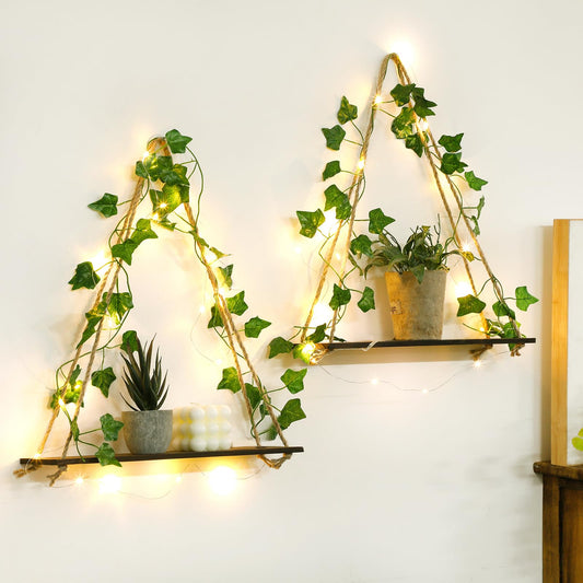 Artilady 2 Pack Artificial Ivy Wall Hanging Shelves Boho Floating Shelves Wall Decor, Adjustable Rustic Wood Shelf with LED Light Storage Rack Macrame Plant Shleves Holder for Bedroom