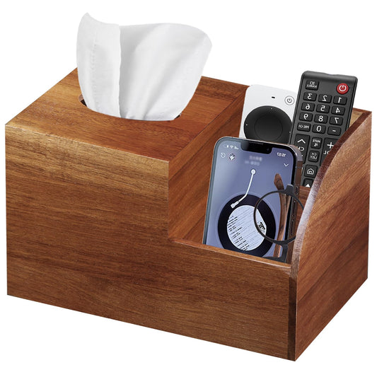 BIBELUN Square Tissue Box Cover, Multi-Functional Wood Tissue Box Holder with Storage Grid, Tissue and Remote Control Holder, Decorative Facial Tissue Cube Box Organizer for Desk, Nightstand, Bathroom