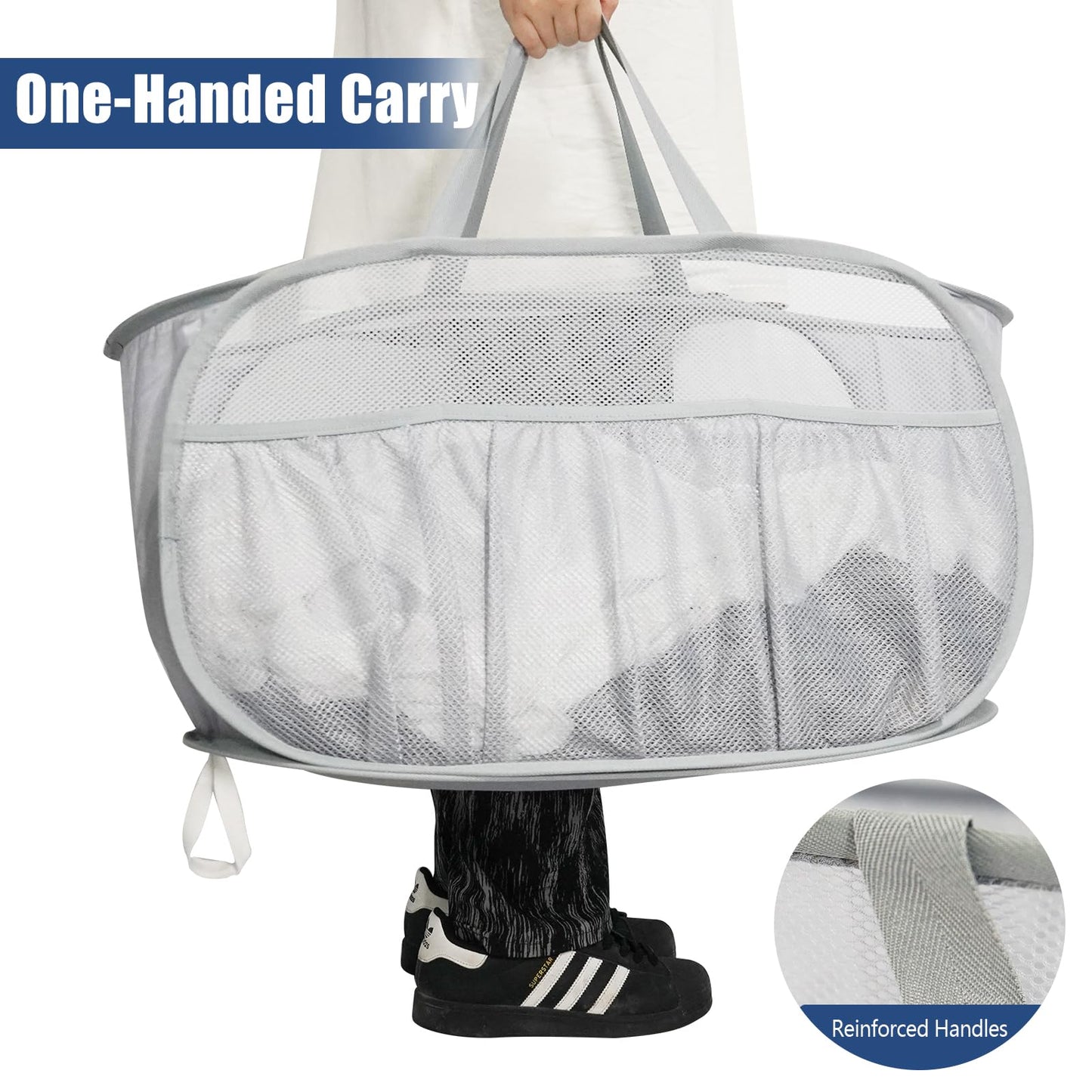 2 Pack Collapsible Laundry Baskets, Upgrade Pop Up Laundry Hamper with Convenient Bags, Foldable Laundry Basket Mesh Light Weight, Easy to Carry Clothes Hampers for Laundry, Dorm, Toys, Travel Grey