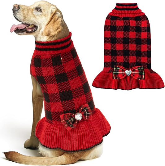 KYEESE Christmas Dog Sweater Dress for Medium Dogs with Leash Hole Checkered Pet Sweaters Dogs Christmas Outfit with BowtieTurtleneck Dog Apparel for Winter