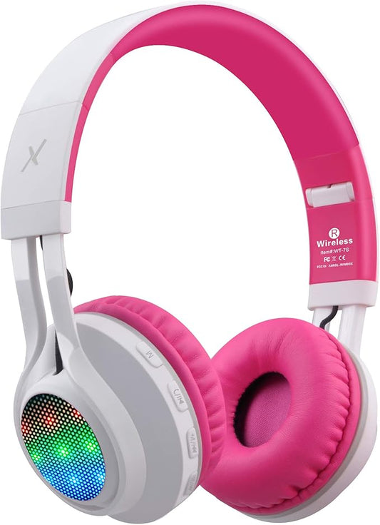 Riwbox WT-7S Bluetooth Headphones Light Up, Foldable Stero Wireless Headset with Microphone and Volume Control for PC/Tablet/TV/Travel (Pink)