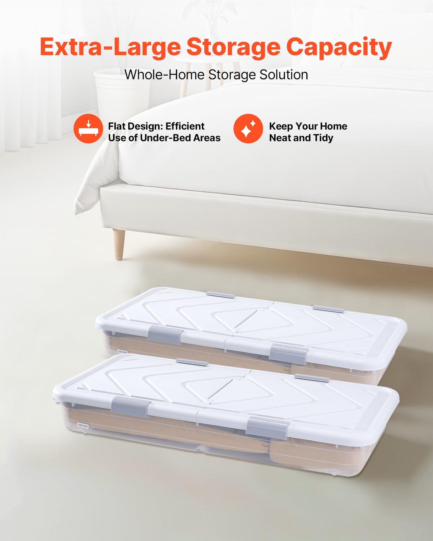 VEVOR Under Bed Storage with Wheels, 39.8 x 20.1 x 5.9 inch Underbed Containers, Underbed Shoes Organizer with Lid & Gray Latch, Rolling Under the Bed Storage Bins for Clothes Shoes Blankets, 2 Pack