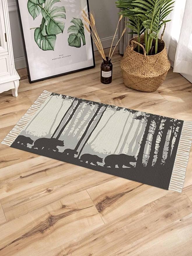 Rustic Bear Entryway Rug 2X3 Ft Bathroom Mat, Washable Woven Forest Animal Rustic Cabin Throw Carpet with Tassel, Non-Shedding Farmhouse Vintage Nature Scenery Art Indoor Outdoor Kitchen Doormats