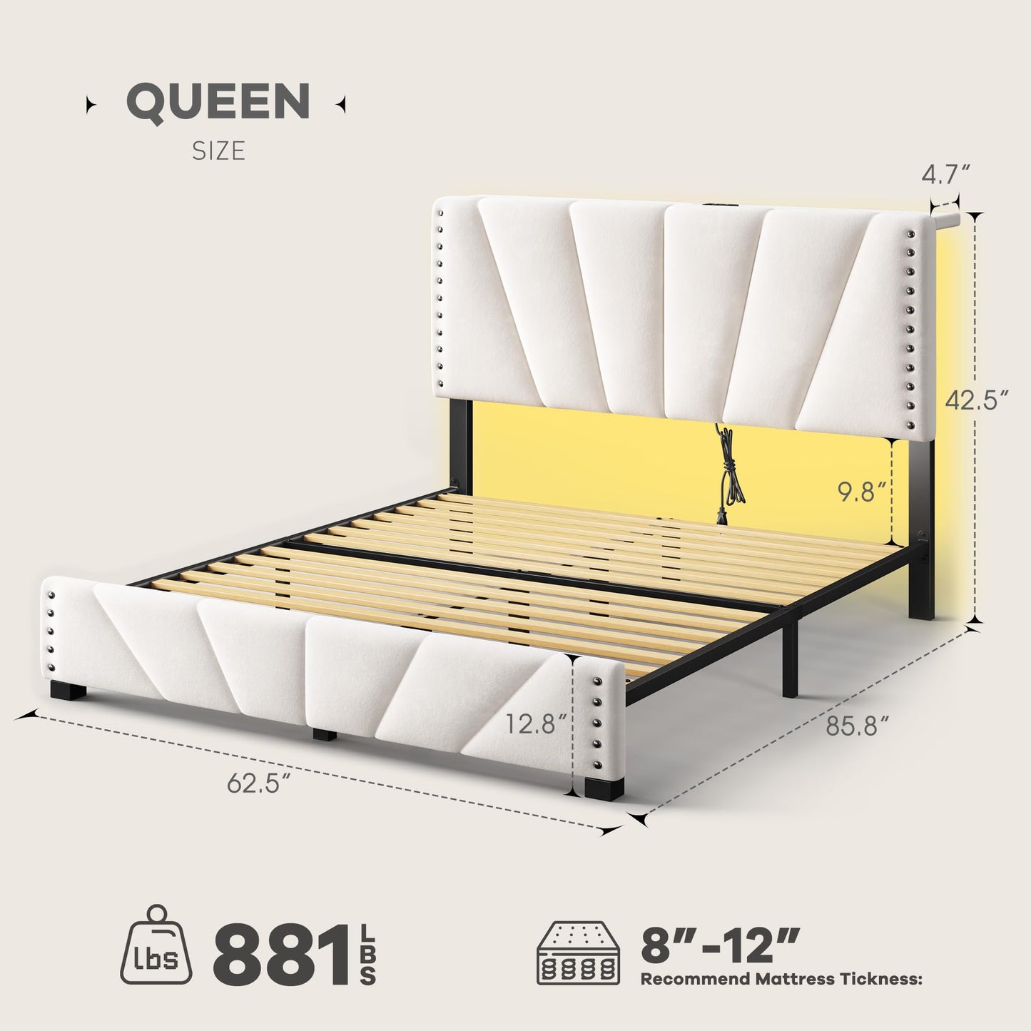EnHomee Queen Platform Bed Frame with Velvet Upholstered Adjustable Headboard, LED Lights, and Charging Station for Bedroom, Apartment, No Box Spring Needed, Noise-Free, Easy Assembly, Beige