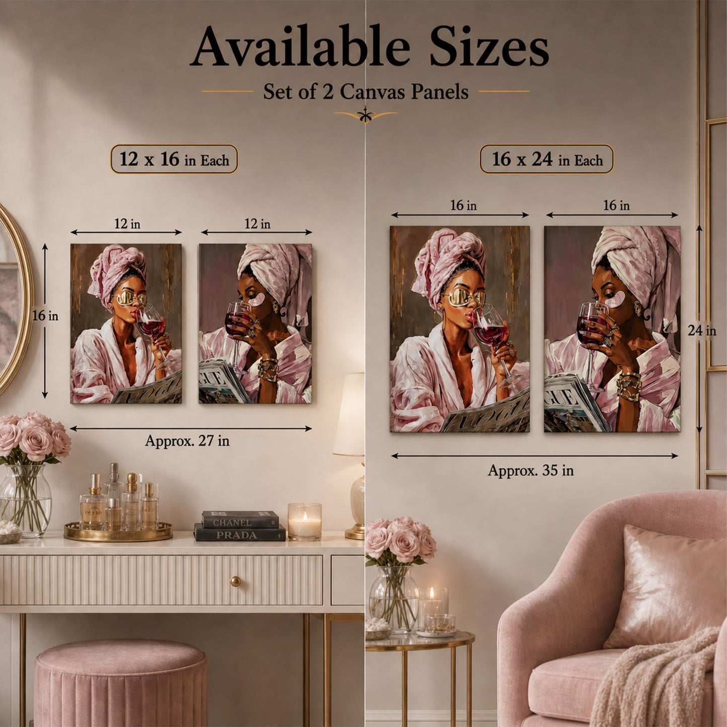 Pink Bathroom Wall Art Set Of 2 Framed Canvas Prints Glam Fashion Bathroom Decor Black Woman Spa Vanity Wall Art Pink Brown Self Care Pictures For Bedroom Beauty Room 16x24 Inch