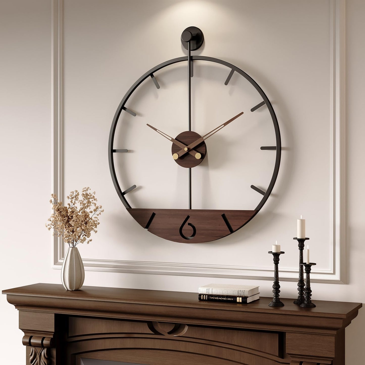 Large Wall Clock 30 Inch, Modern Farmhouse Wall Clock Battery Operated for Living Room Decor, Walnut Wood Dial with Black Metal Frame, Silent Non Ticking Wall Clock for Kitchen, Office, Bedroom