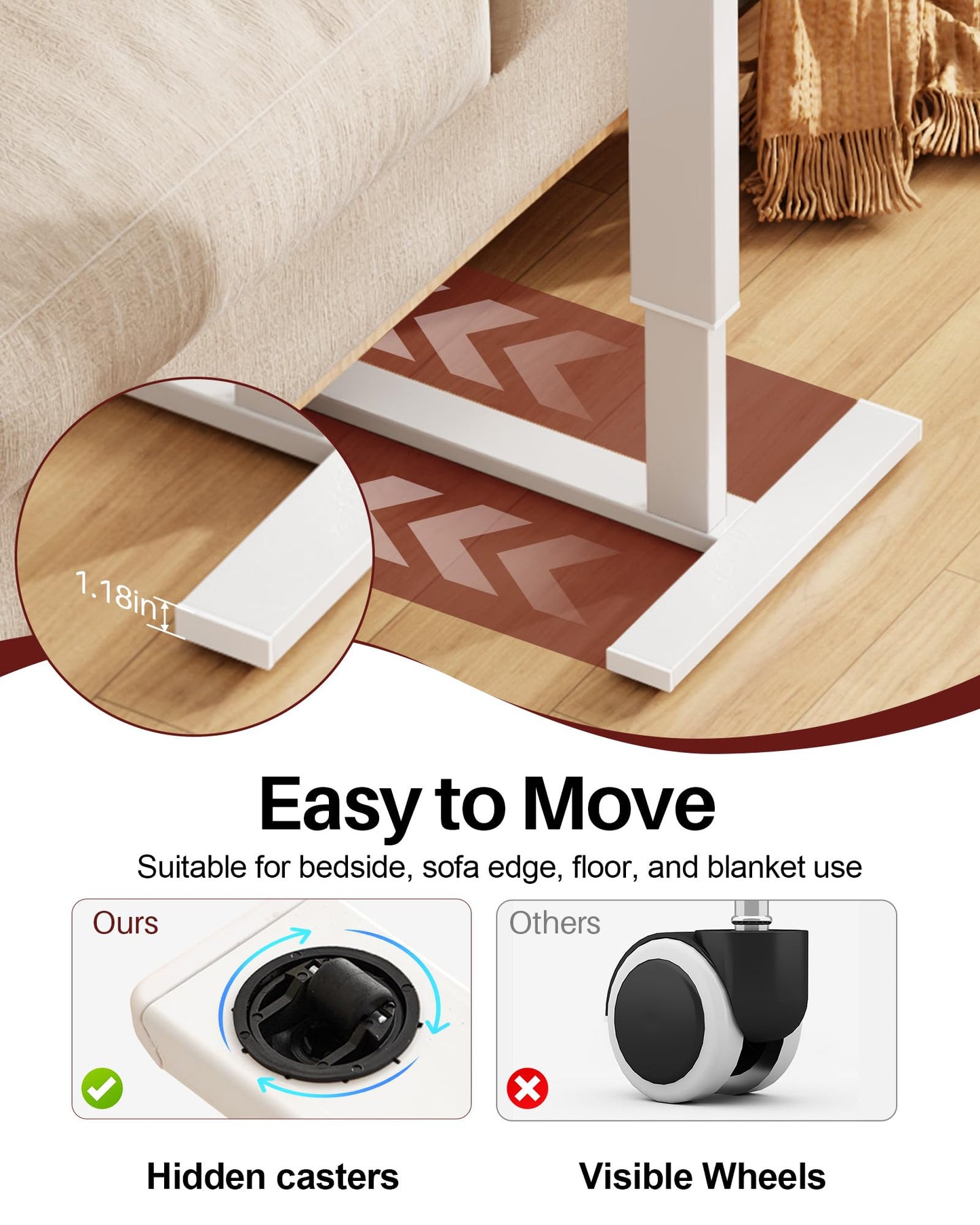 Hovadova Foldable Overbed Table with Wheels, Pneumatic Adjustable Overbed Bedside Table, Mobile Standing Desk, Hospital Bed Tables Over The Bed, Rolling Laptop Desk with Casters for Home Office