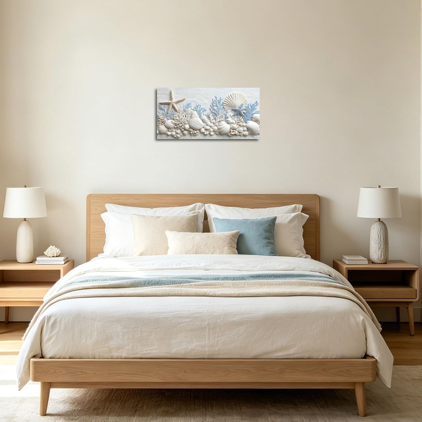 Xcfstszgz Coastal Seashell Canvas Wall Art Blue Bathroom Decor Starfish Coral Pictures Nautical Beach Painting Print for Living Room Bedroom Decor Framed (White, 8" L x 16" W)