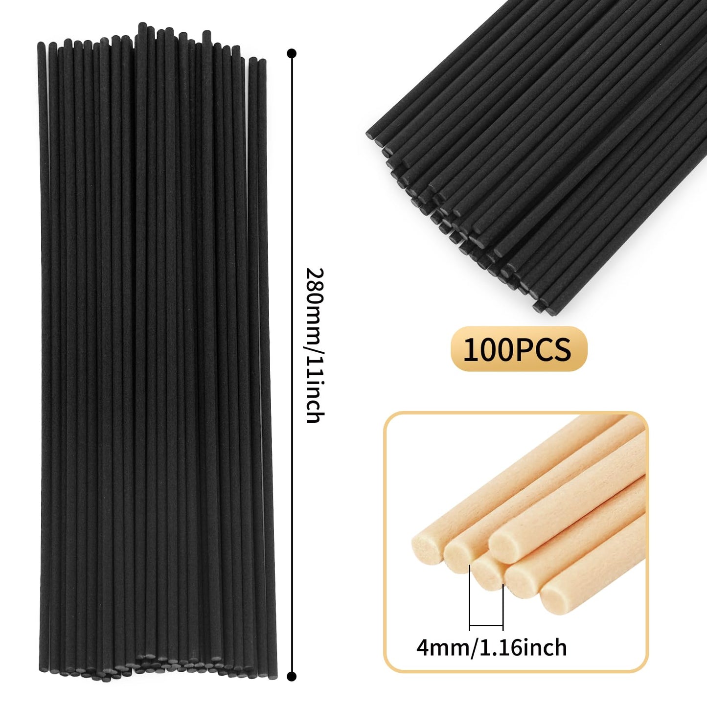 11 inch Diffuser Sticks 100 Pack, Diffuser Reeds Sticks Refill for Home and Bathroom, Diffuser Reeds Sticks for Scented Diffuser Black