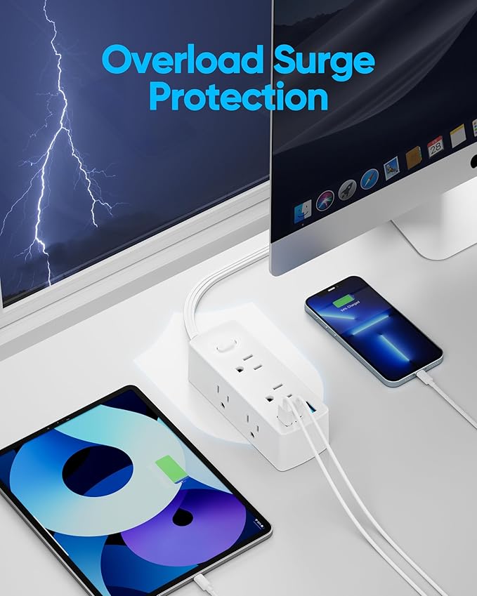 2 Prong Flat Extension Cord 10 FT, Olcorife 2 Prong to 3 Prong Outlet Adapter, Flat Plug Power Strip with 6 Outlets 3 USB Ports(1 USB C), 2000J Surge Protector, US to Japan Plug Adapter