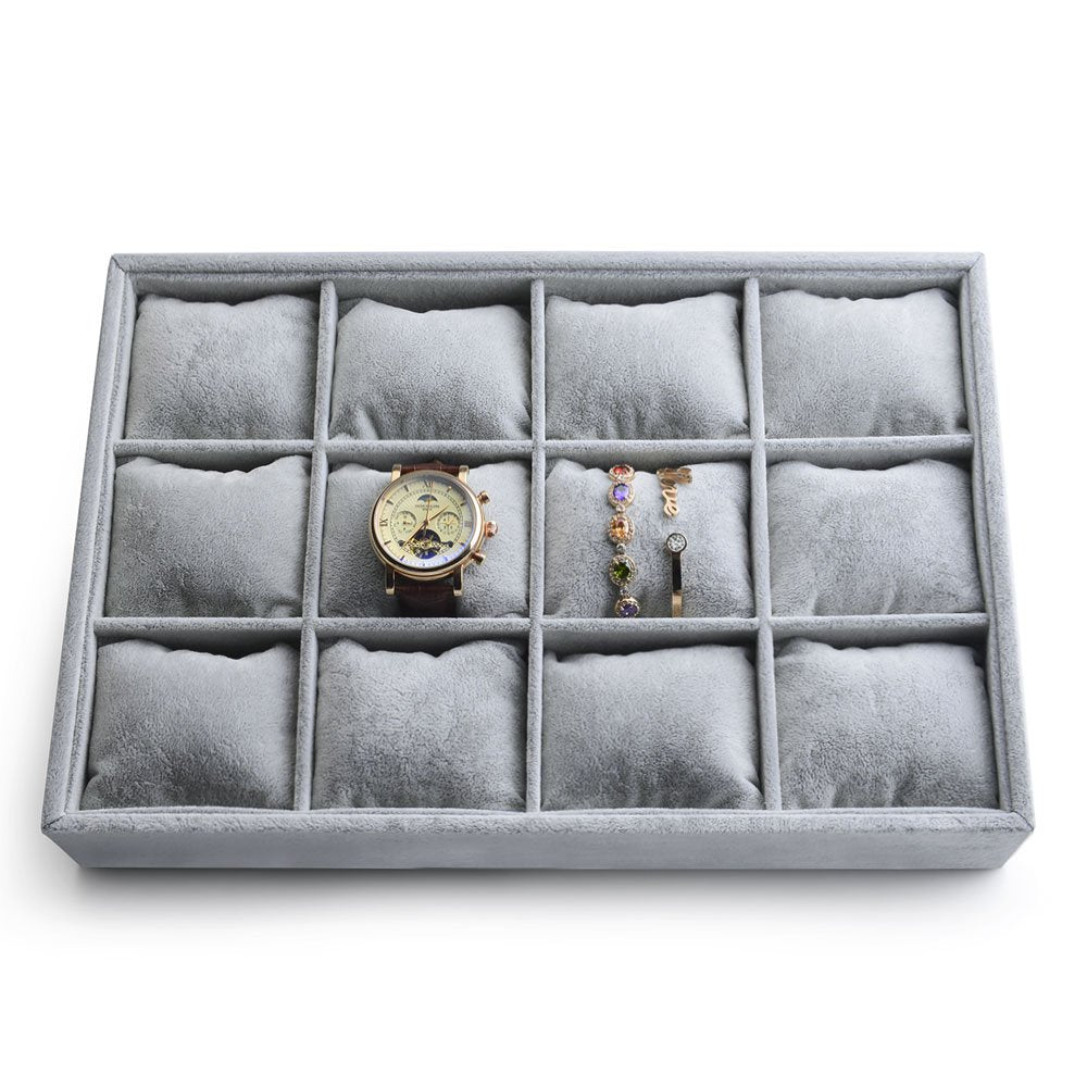 Oirlv Premium Velvet 12 Grid Jewelry Organizer Tray with Removable Pillow Watch Organizer Jewelry Tray Bracelet Bangle Watch Display Holder