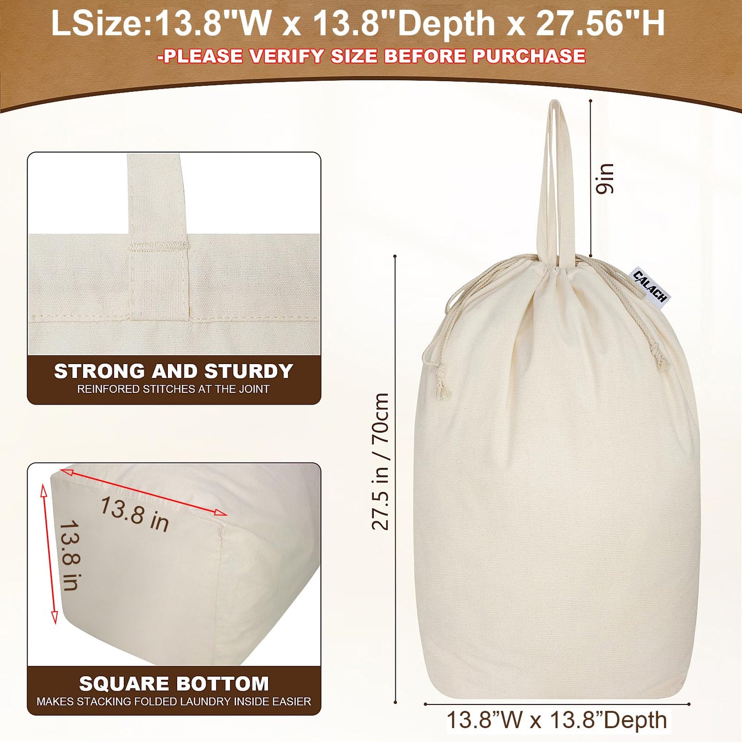 CALACH Canvas Laundry Bags with Handles & Square Base 13.8"Wx13.8"Dx27.6"H, Large Heavy Duty Laundry Hamper Bag, College Dorm Washable Drawstring Canvas Dirty Clothes Sack (Beige,1 Pack)