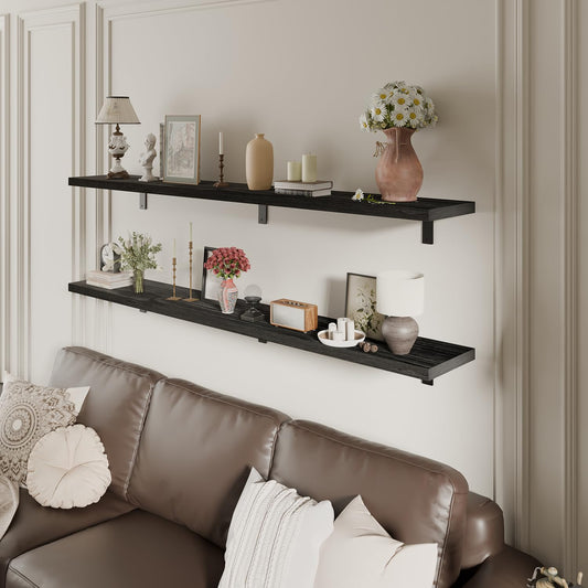 ONOTETUT 10x60 Inch Black Floating Shelves for Wall,2-Pack Rustic Long Floating Bookshelf,5ft Solid Wood Large Wall Shelves for Laundry Room (Black)