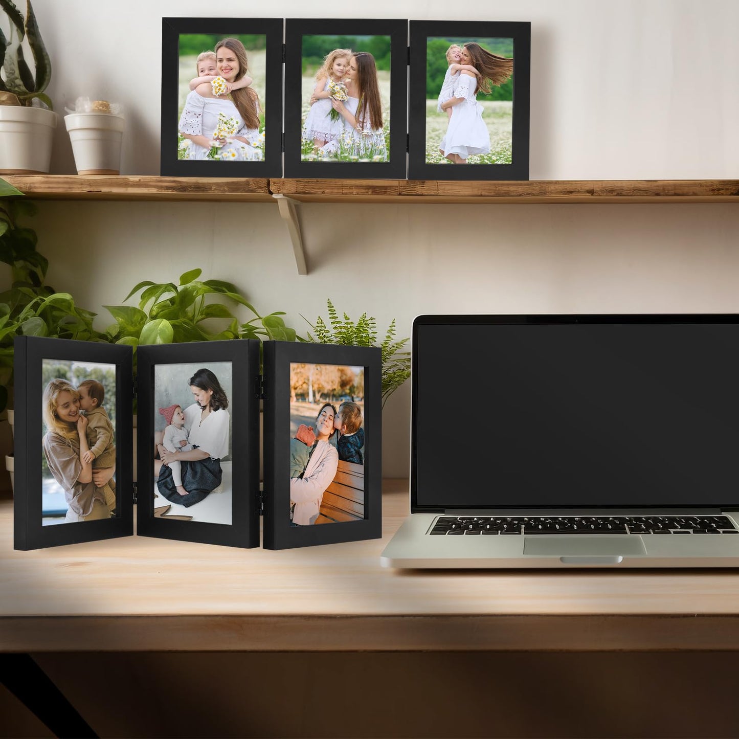 Golden State Art, 5x7 Triple Picture Frame Vertical, Engineered Wood Trifold Photo Frame, with Real Glass for Desktop - Three Folding Picture Collage (5x7, Black, 1 Pack)