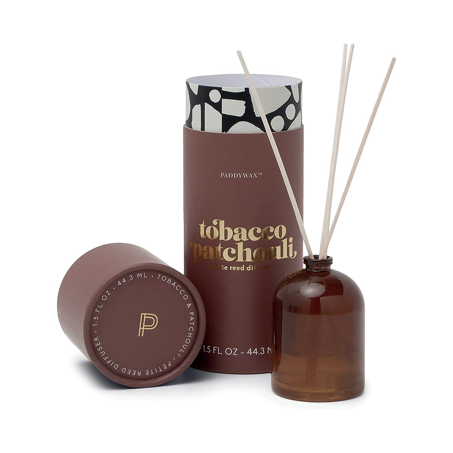 Paddywax Petite Reed Diffuser Set with Wooden Reeds, 720 Hour Long Lasting Home Fragrance Oil Diffuser, Decorative Milky Glass Bottle, Tobacco Patchouli Scent, Brown, 1.5 oz