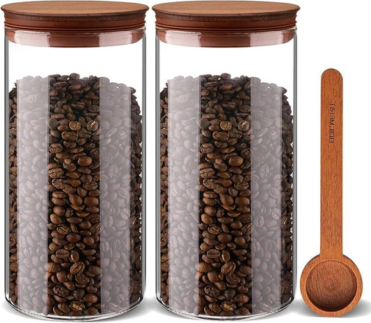 BOILMERIT 2PCS of 50floz Round Coffee Canister with Wooden Lids, Airtight Glass Coffee Jars for Ground Coffee, Coffee Beans Storage Container
