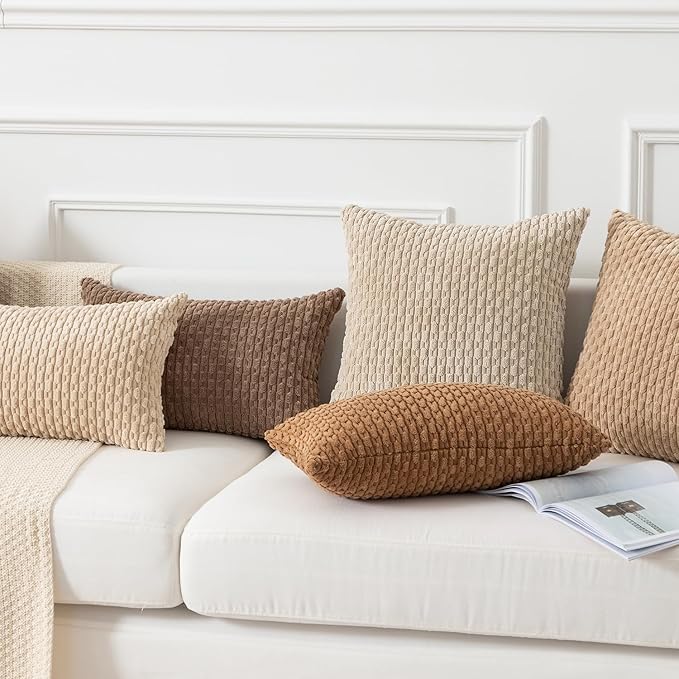 Kevin Textile Euro Sham Pillow Covers 28x28 Inch 2 Packs Soft Boho Striped Corduroy Decorative Throw Pillows for Living Room Couch Bed Sofa Rustic Farmhouse Home Decor 71x71cm Beige