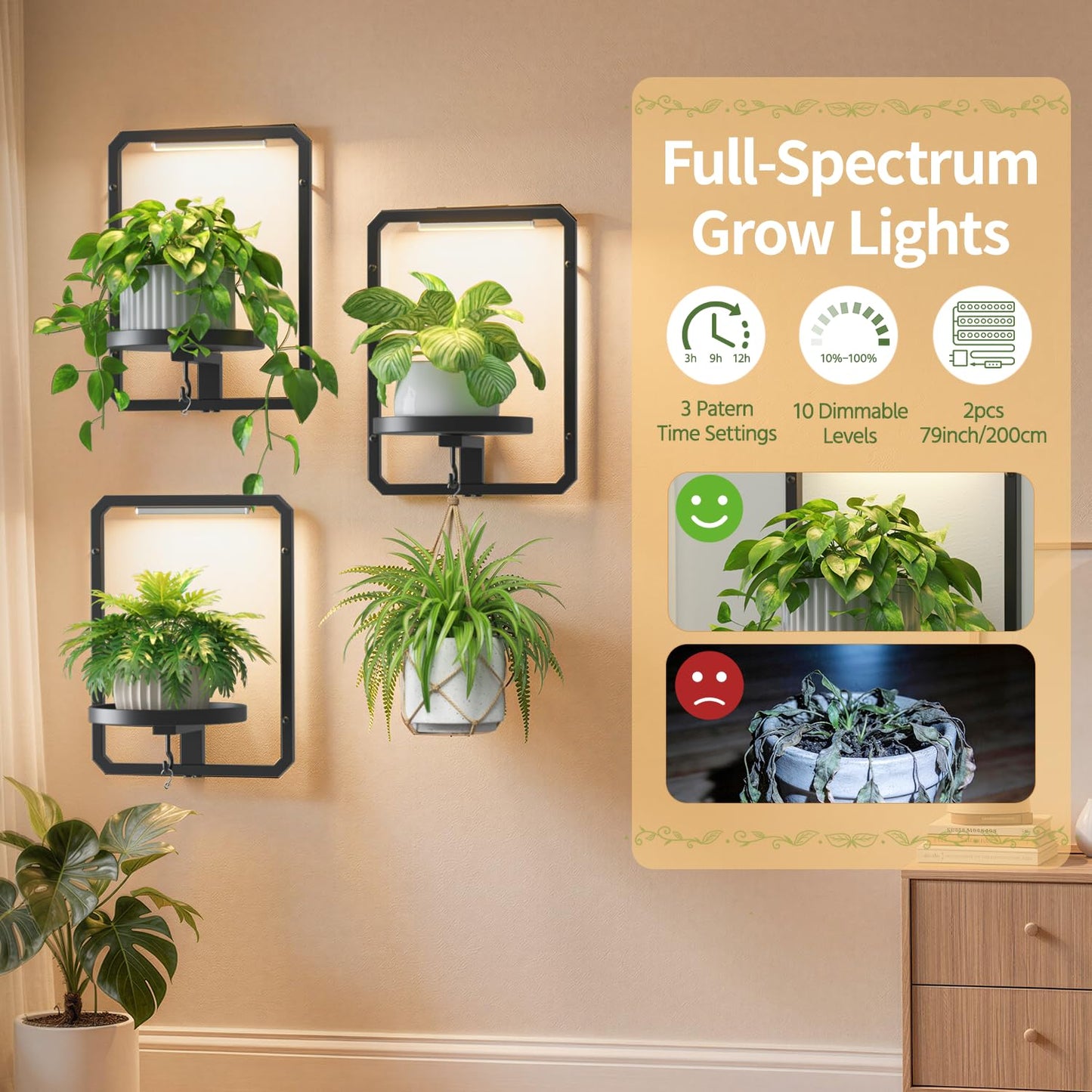 LASZOLA Plant Picture Frame Holder Wall Mount Indoor Window with 3 Grow Light, 3 Pack Modern Floating Flower Stand Shelf with Hooks, Metal Hanger Display Decor for Living Room, Black