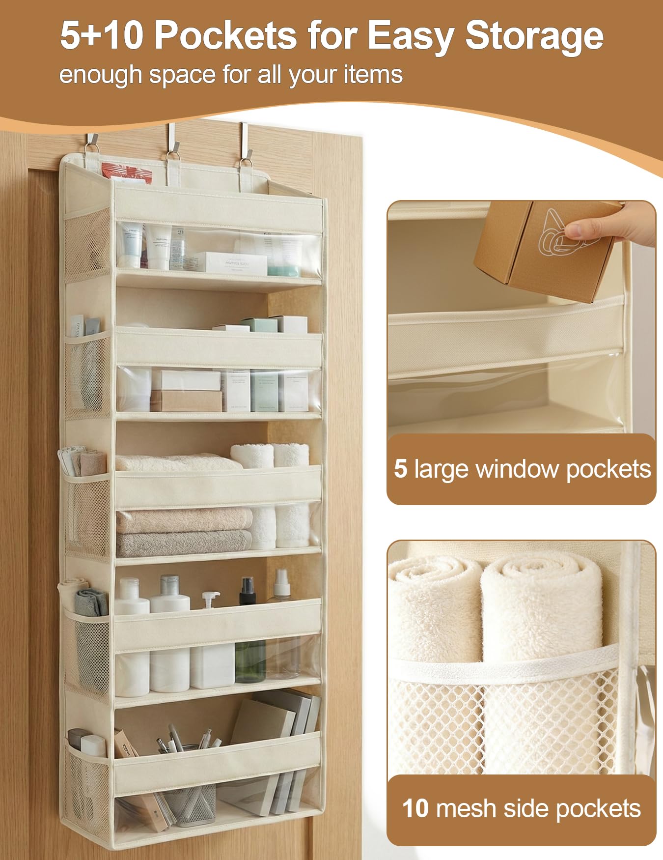 Hasosodo Over the Door Organizer 5-Shelf Closet Hanging Storage with 10 Mesh Pockets, 50 lbs Weight Capacity Door Organizer Hanging for Bathroom, Bedroom, Baby Nursery and Pantry, Ivory