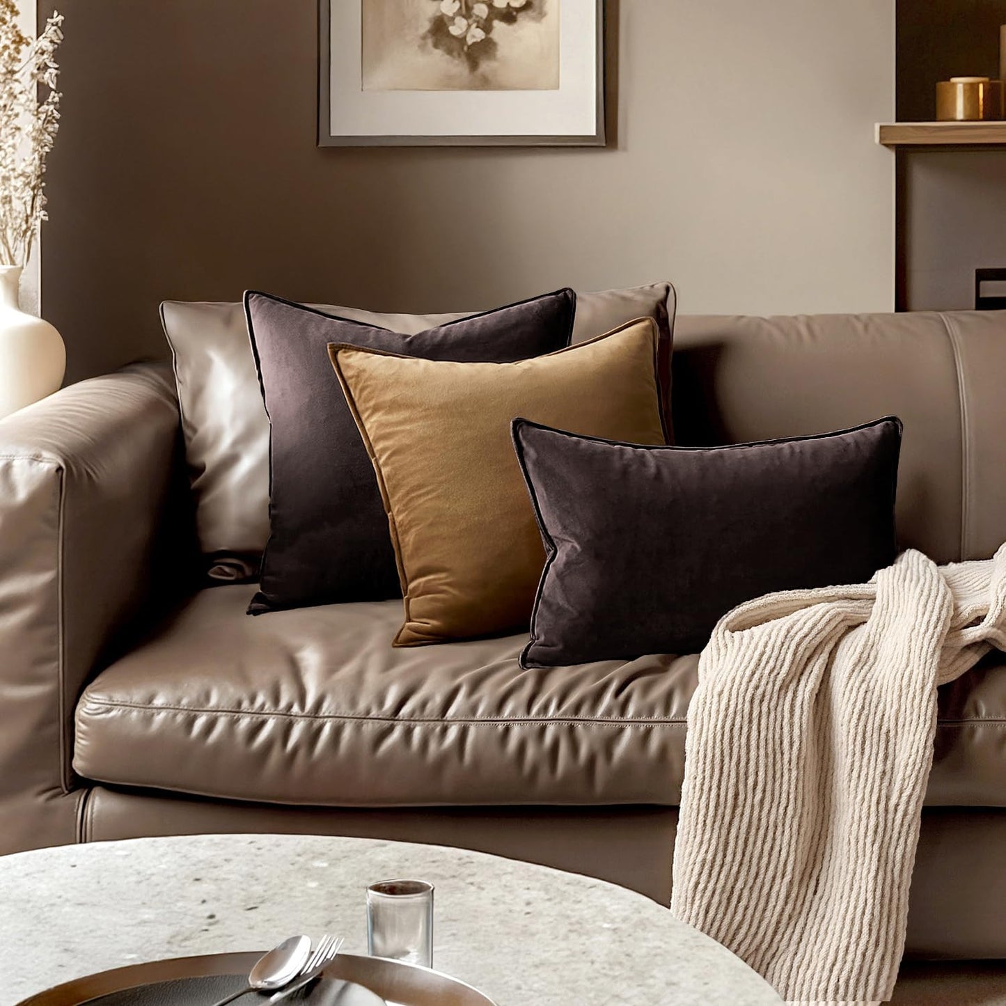 MIULEE Dark Brown Velvet Throw Pillow Covers 26x26 Soft Decorative Solid Square Euro Sham Cushion Cases Pack of 2 Modern Luxury Home Decor for Couch, Sofa, Bedroom