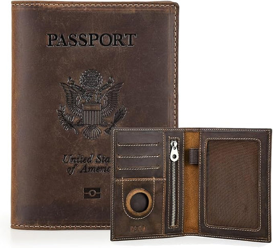 CONTACTS Full Grain Leather Airtag Passport Holder RFID Blocking Travel Passport Wallet Slim Passport Cover Case with 4 Card Slots, Coin Pocket with Badge