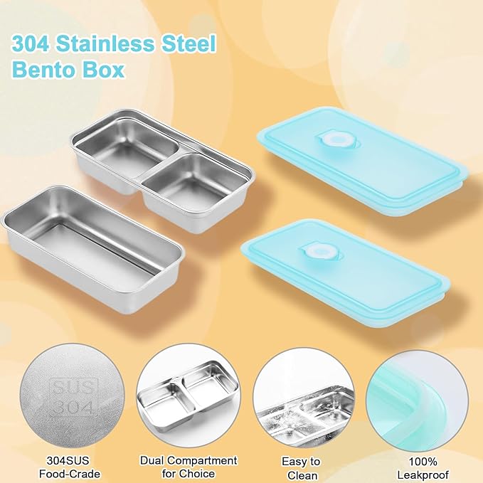 304 Stainless Steel Snack Containers, 100% Leadproof, Grab and Go Snack Containers, Food Grade, for Travel and Outdoor Camping, 1pc Single and 1pc Double Compartment, 2 PCS