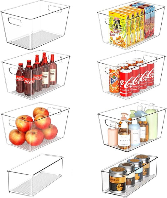 Joymeezo Set of 8 Clear Plastic Storage Bins, 6 Large +2 Small Pantry Organizers and Storage Containers for Kitchen Organization, Home Storage Essentials for Office, Closet, Garage, Freezer& Bathroom